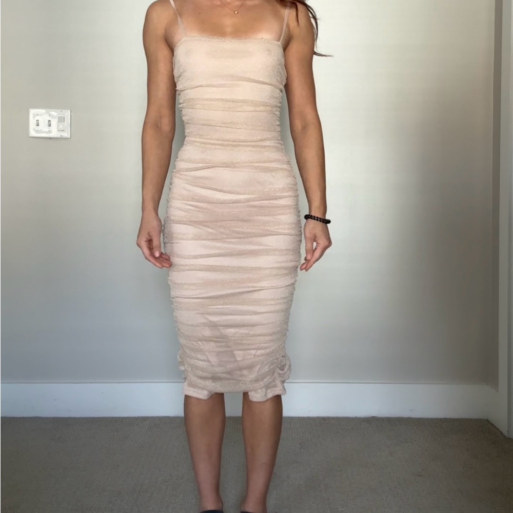 Cream Midi Bodycon Dress with Ruched Design and Spaghetti Straps